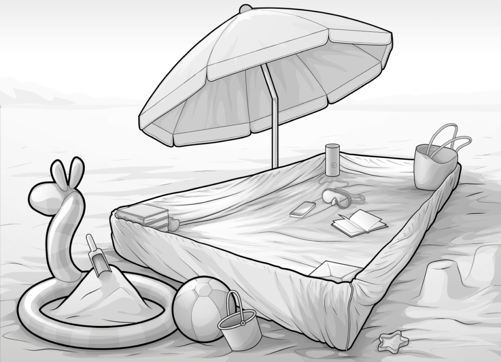 Prześciradło z gumką użyte na plaży jako koc/niski parawan. Obok stoi parasol przeciwsłoneczny, na prześciradle oraz obok niego leżą różne zabawki i akcesoria.
